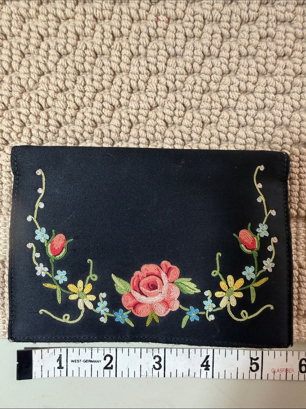 Vintage Made in France Black Satin Embroidered Floral Clutch Wallet
